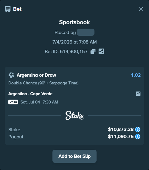 Bet slip: Argentina - Cape Verde, $10,873.28 stake at 1.02 odds, placed by lightsum