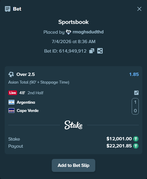 Bet slip: Argentina - Cape Verde, $12,013.00 stake at 1.85 odds, placed by rmaghsdudthd