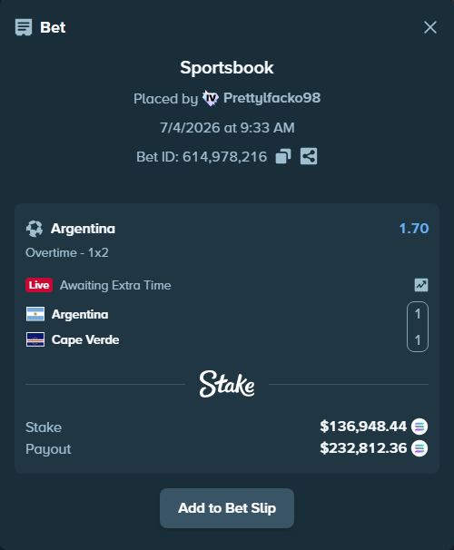 Bet slip: Argentina - Cape Verde, $136,970.36 stake at 1.70 odds, placed by Prettylfacko98
