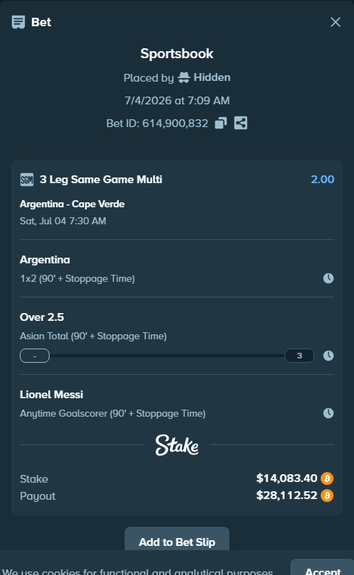Bet slip: Argentina - Cape Verde, $14,213.41 stake at 1.14 odds, placed by theoutlaw
