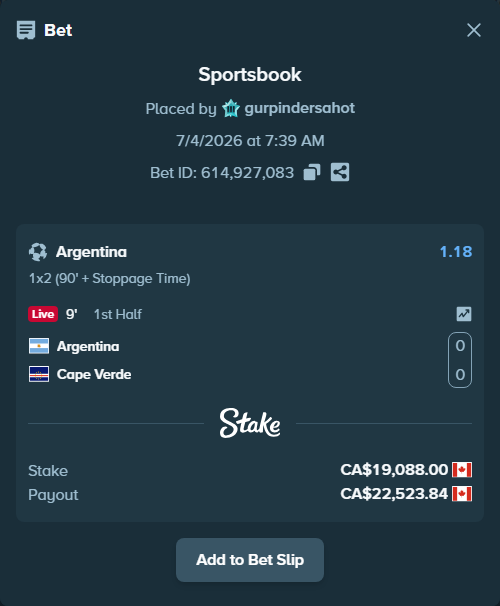 Bet slip: Argentina - Cape Verde, $14,125.12 stake at 1.18 odds, placed by gurpindersahot