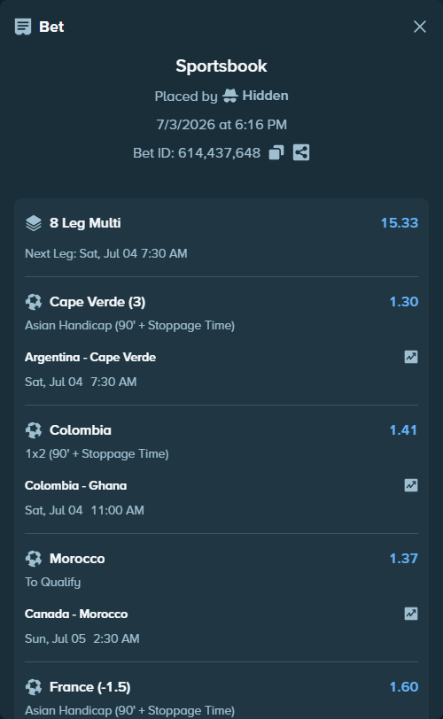 Bet slip: Argentina - Cape Verde, $15,000.00 stake at 1.30 odds, placed by Hidden