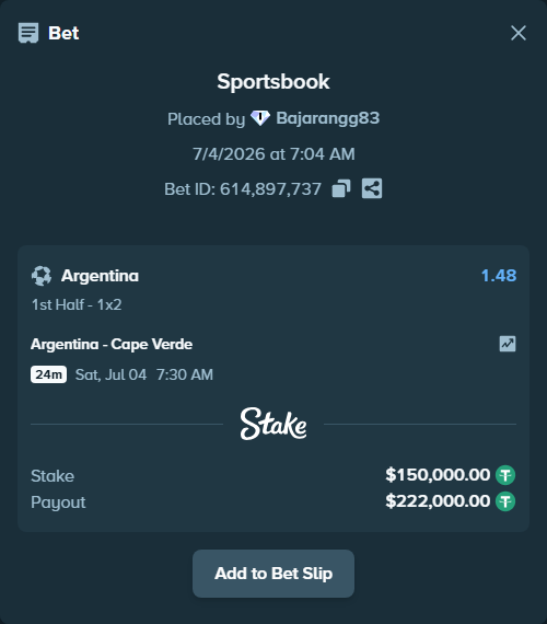 Bet slip: Argentina - Cape Verde, $150,150.00 stake at 1.48 odds, placed by Bajarangg83
