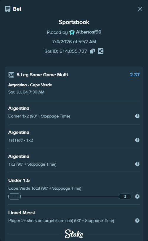 Bet slip: Argentina - Cape Verde, $16,142.00 stake at 1.09 odds, placed by Albertosf90
