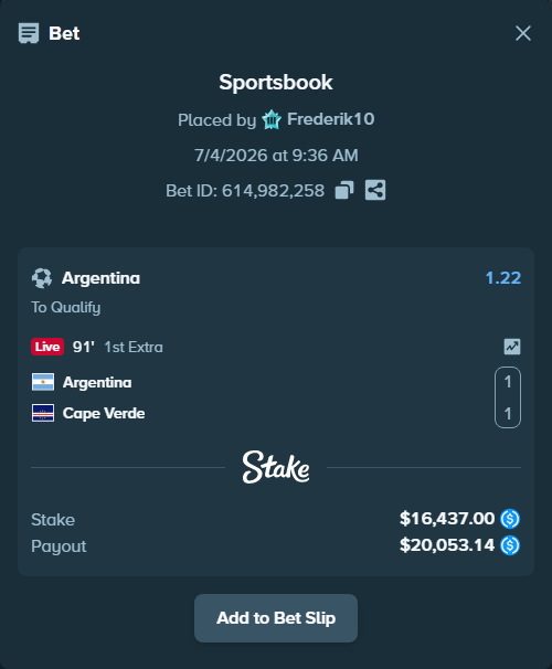 Bet slip: Argentina - Cape Verde, $16,437.00 stake at 1.22 odds, placed by Frederik10
