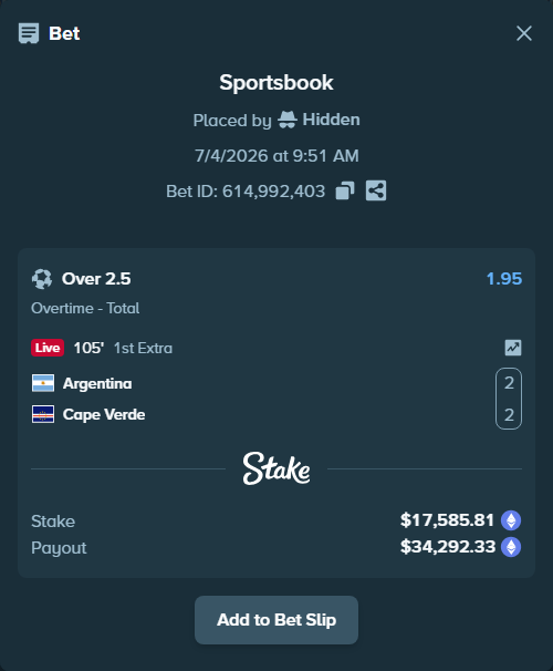 Bet slip: Argentina - Cape Verde, $17,862.42 stake at 1.95 odds, placed by Hidden