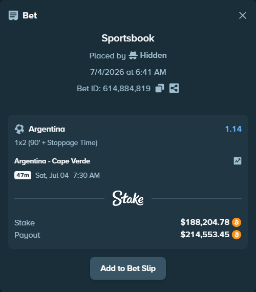 Bet slip: Argentina - Cape Verde, $188,561.00 stake at 1.14 odds, placed by Hidden