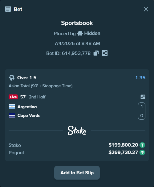 Bet slip: Argentina - Cape Verde, $200,000.00 stake at 1.35 odds, placed by Hidden