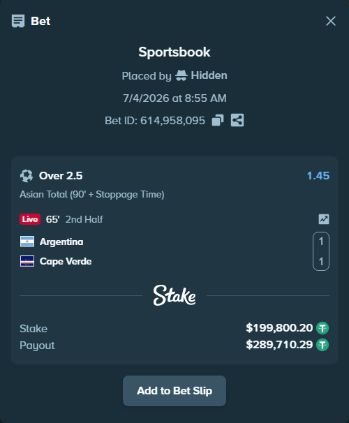 Bet slip: Argentina - Cape Verde, $200,000.00 stake at 1.45 odds, placed by Hidden