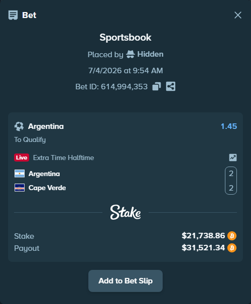 Bet slip: Argentina - Cape Verde, $21,754.06 stake at 1.45 odds, placed by Hidden