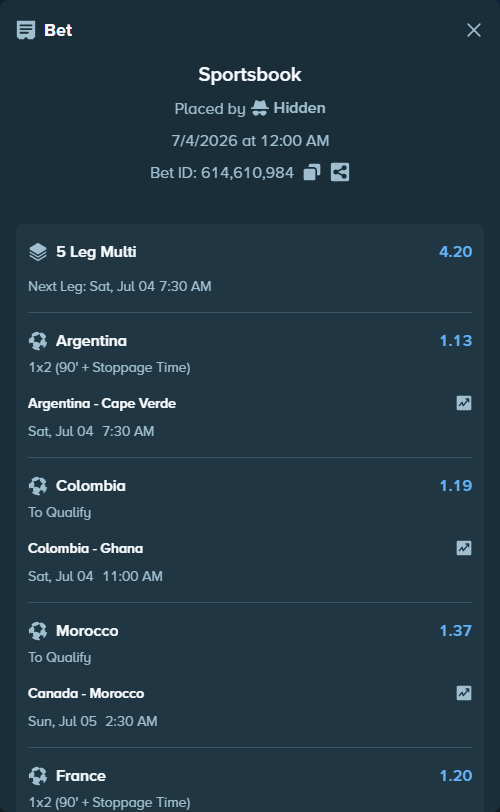 Bet slip: Argentina - Cape Verde, $24,102.20 stake at 1.13 odds, placed by Hidden