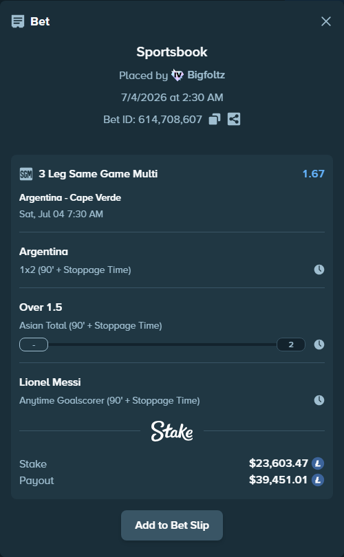 Bet slip: Argentina - Cape Verde, $24,361.96 stake at 1.12 odds, placed by Bigfoltz