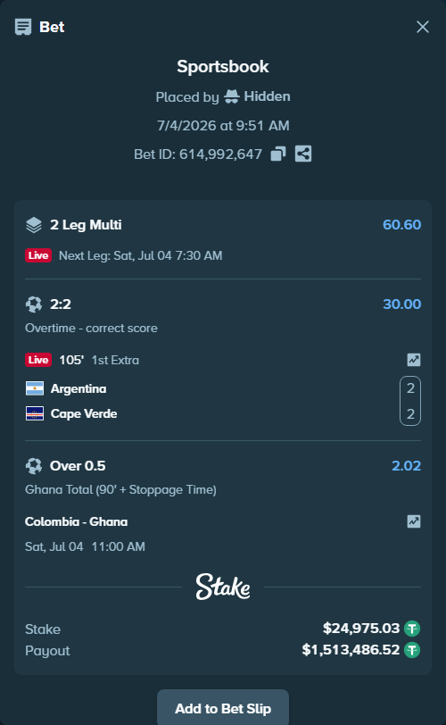 Bet slip: Argentina - Cape Verde, $25,000.00 stake at 30.00 odds, placed by Hidden