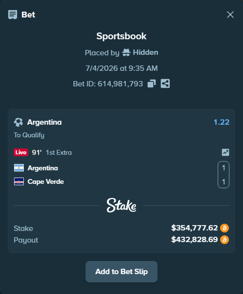 Bet slip: Argentina - Cape Verde, $355,077.79 stake at 1.22 odds, placed by Hidden