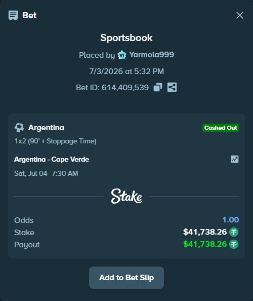 Bet slip: Argentina - Cape Verde, $41,780.00 stake at 1.14 odds, placed by Yarmola999