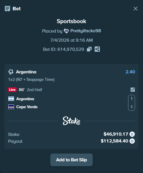 Bet slip: Argentina - Cape Verde, $46,917.67 stake at 2.40 odds, placed by Prettylfacko98