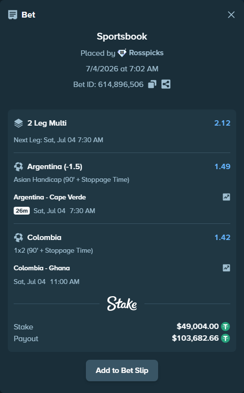 Bet slip: Argentina - Cape Verde, $49,053.00 stake at 1.49 odds, placed by Rosspicks