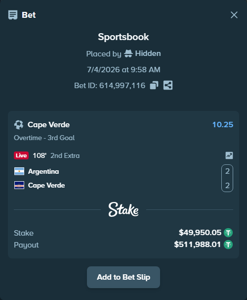 Bet slip: Argentina - Cape Verde, $50,000.00 stake at 10.25 odds, placed by Hidden