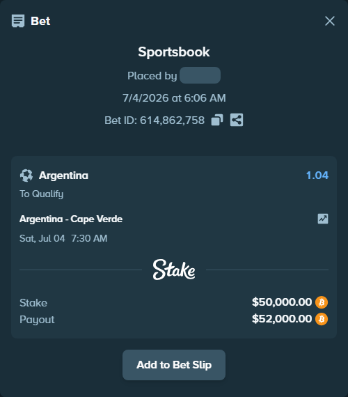 Bet slip: Argentina - Cape Verde, $51,459.20 stake at 1.04 odds, placed by SpinEng