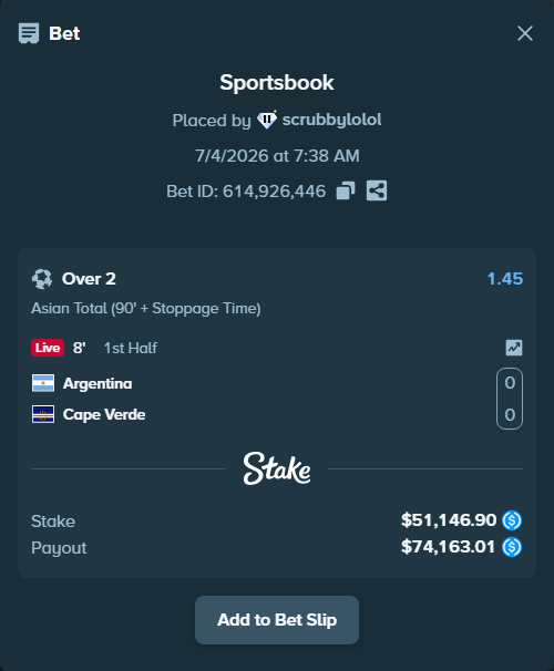 Bet slip: Argentina - Cape Verde, $51,146.90 stake at 1.45 odds, placed by scrubbylolol