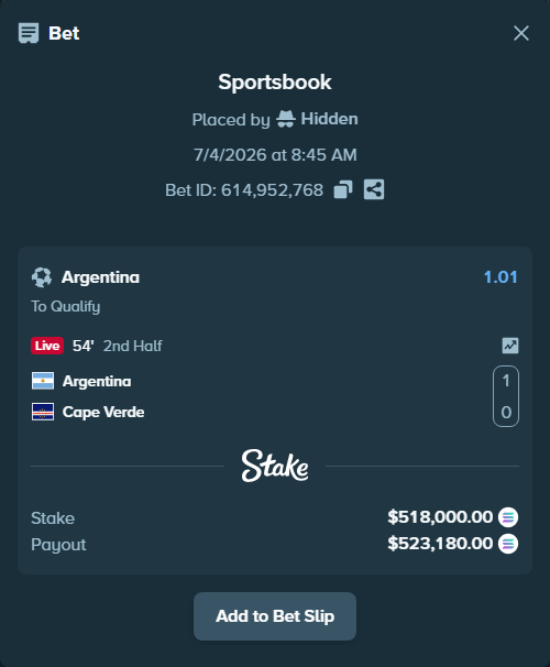 Bet slip: Argentina - Cape Verde, $513,628.84 stake at 1.01 odds, placed by Hidden