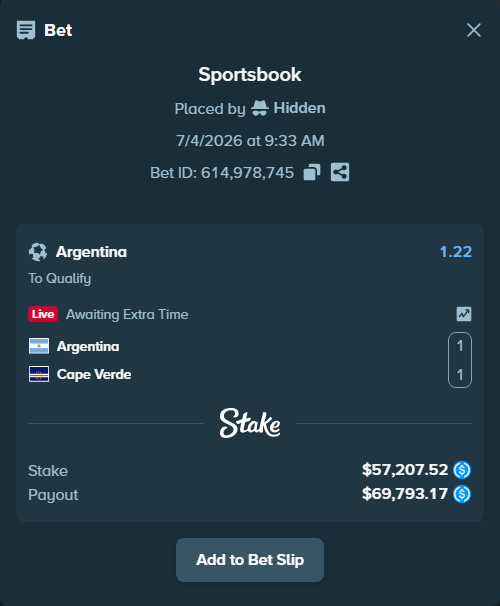 Bet slip: Argentina - Cape Verde, $57,207.52 stake at 1.22 odds, placed by NstrBet