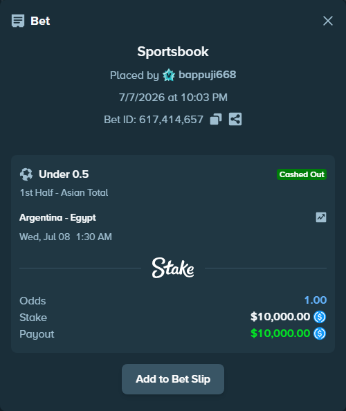 Bet slip: Argentina - Egypt, $10,000.00 stake at 3.15 odds, placed by bappuji668