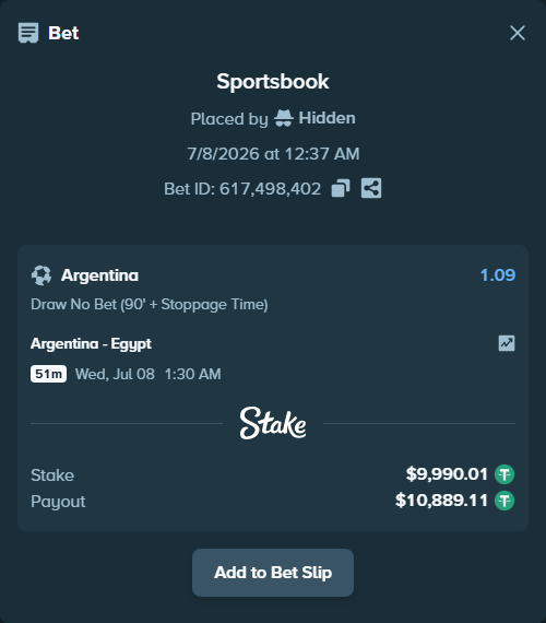 Bet slip: Argentina - Egypt, $10,000.00 stake at 1.09 odds, placed by criscas85
