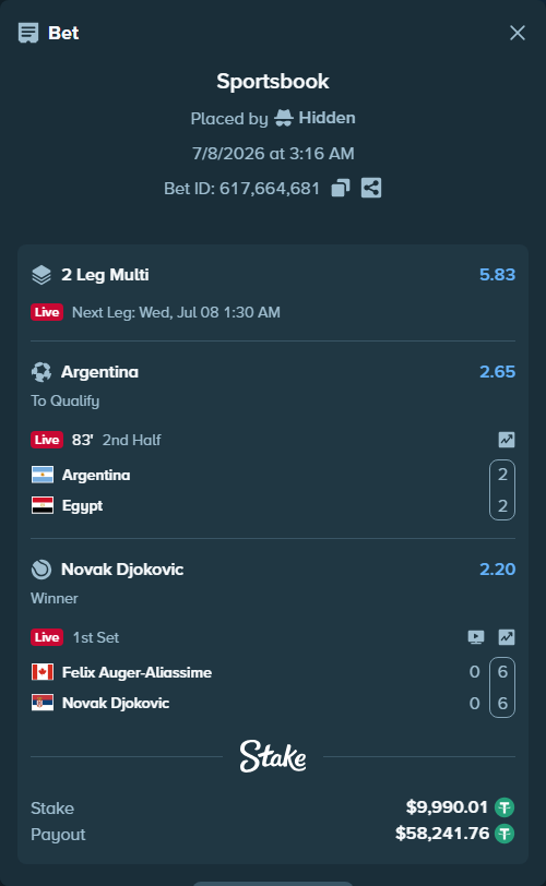 Bet slip: Argentina - Egypt, $10,000.00 stake at 2.65 odds, placed by Hidden