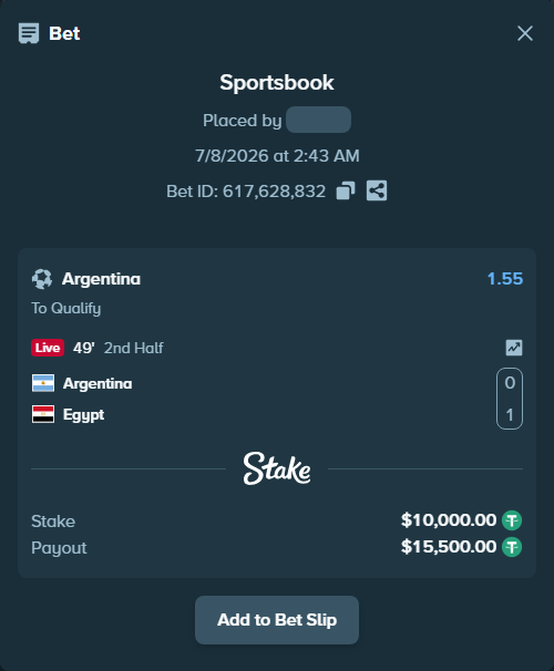 Bet slip: Argentina - Egypt, $10,010.00 stake at 1.55 odds, placed by Didrikv