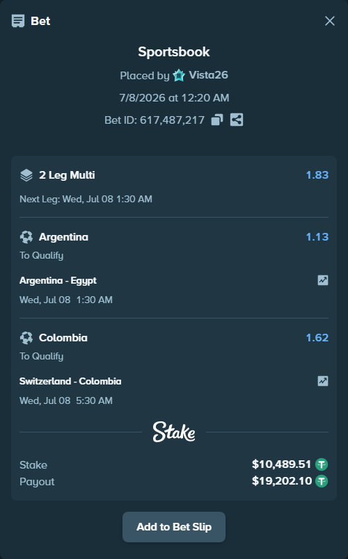 Bet slip: Argentina - Egypt, $10,500.00 stake at 1.13 odds, placed by Vista26