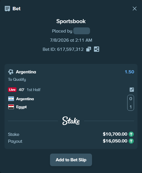 Bet slip: Argentina - Egypt, $10,710.70 stake at 1.50 odds, placed by Olecashoutlind