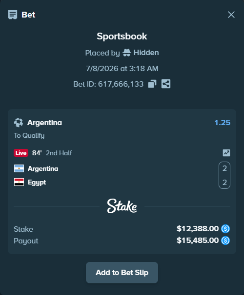 Bet slip: Argentina - Egypt, $12,388.00 stake at 1.25 odds, placed by Hidden