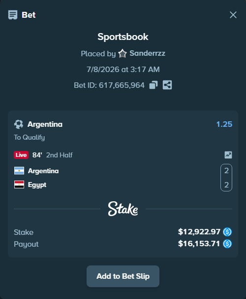 Bet slip: Argentina - Egypt, $12,922.97 stake at 1.25 odds, placed by Sanderrzz