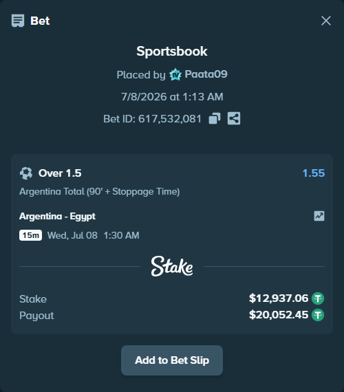 Bet slip: Argentina - Egypt, $12,950.00 stake at 1.55 odds, placed by Paata09