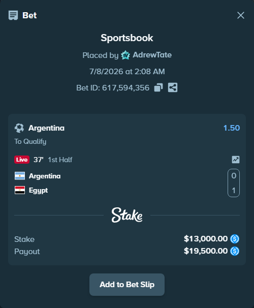 Bet slip: Argentina - Egypt, $13,000.00 stake at 1.50 odds, placed by AdrewTate