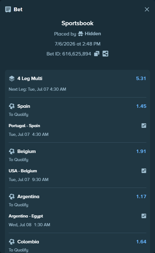 Bet slip: Argentina - Egypt, $14,082.28 stake at 1.17 odds, placed by Hidden
