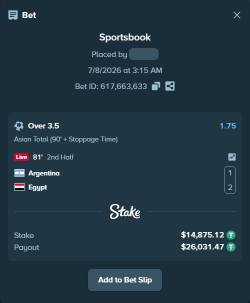 Bet slip: Argentina - Egypt, $14,890.00 stake at 1.75 odds, placed by Jackpoor