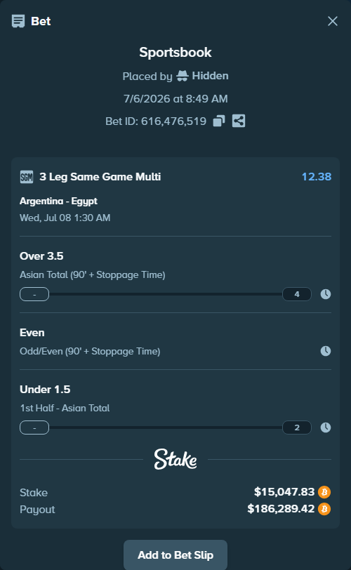 Bet slip: Argentina - Egypt, $14,895.76 stake at 3.40 odds, placed by Hidden