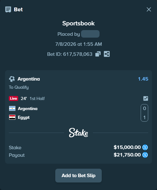 Bet slip: Argentina - Egypt, $15,000.00 stake at 1.45 odds, placed by Neberay