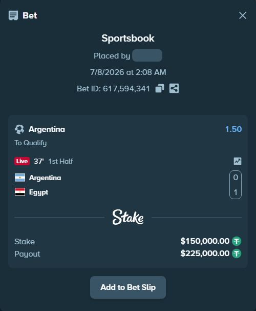 Bet slip: Argentina - Egypt, $150,150.00 stake at 1.50 odds, placed by Zumbus93