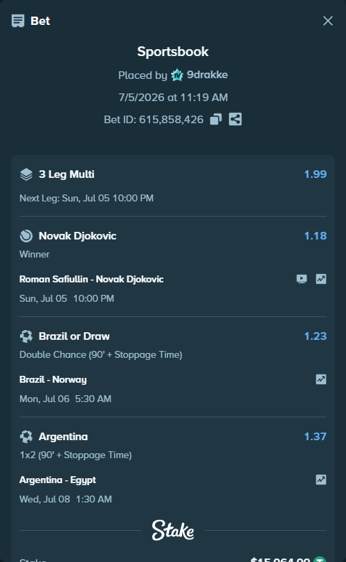 Bet slip: Argentina - Egypt, $15,079.06 stake at 1.37 odds, placed by 9drakke