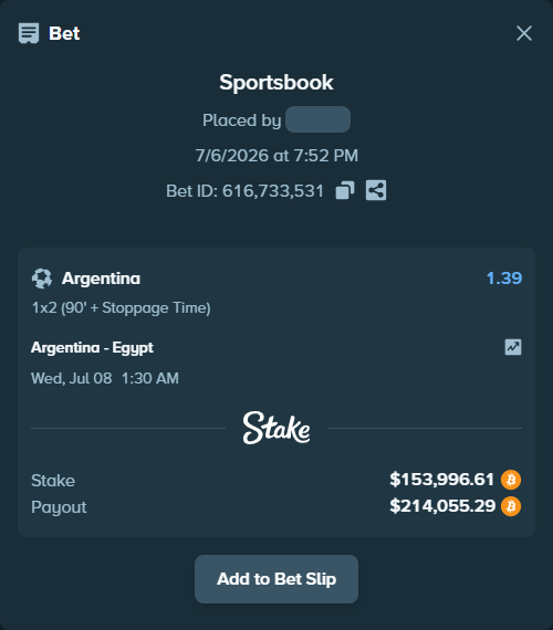 Bet slip: Argentina - Egypt, $157,797.45 stake at 1.39 odds, placed by ArvaPandaM