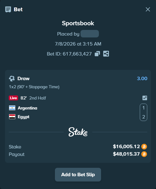 Bet slip: Argentina - Egypt, $16,081.00 stake at 3.00 odds, placed by Molle59