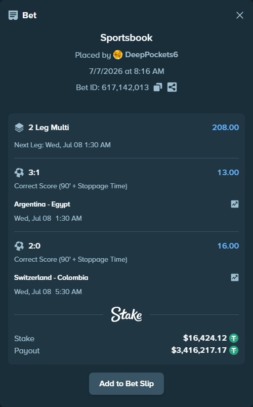 Bet slip: Argentina - Egypt, $16,440.55 stake at 13.00 odds, placed by DeepPockets6