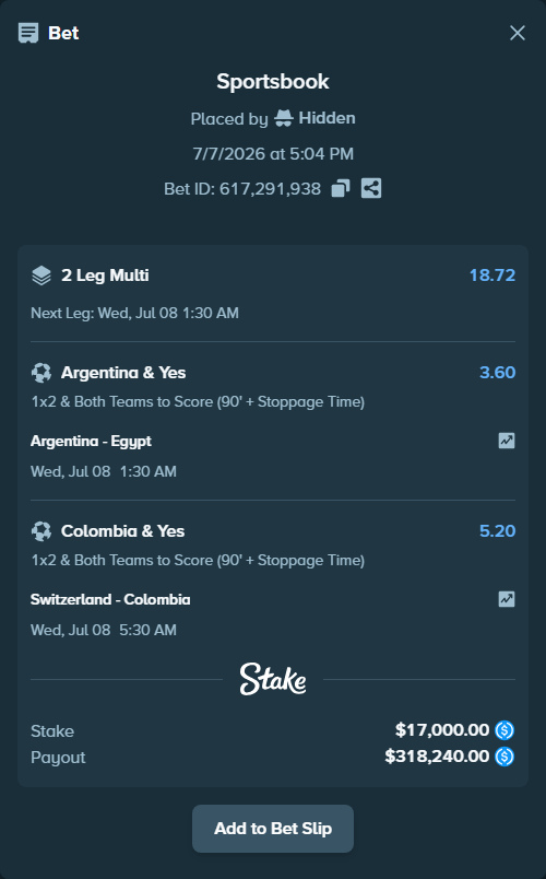 Bet slip: Argentina - Egypt, $17,000.00 stake at 3.60 odds, placed by Hidden