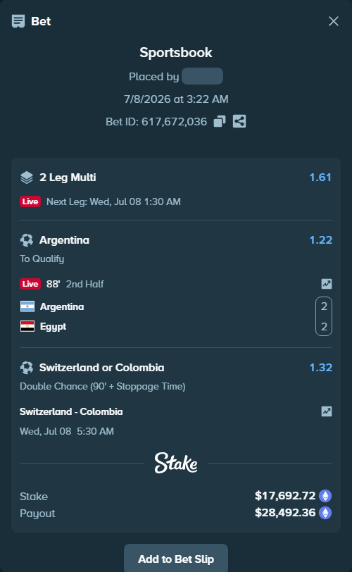 Bet slip: Argentina - Egypt, $18,644.40 stake at 1.22 odds, placed by Warcholizd