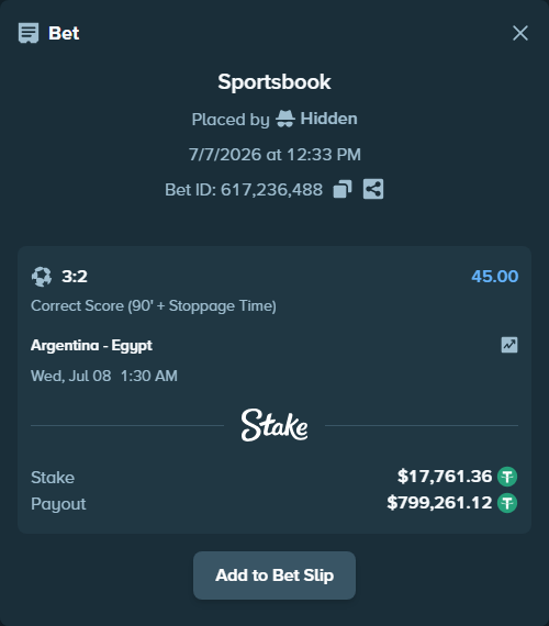 Bet slip: Argentina - Egypt, $17,779.12 stake at 45.00 odds, placed by Hidden