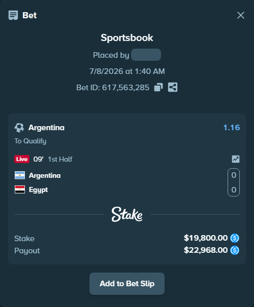 Bet slip: Argentina - Egypt, $19,800.00 stake at 1.16 odds, placed by floutp451