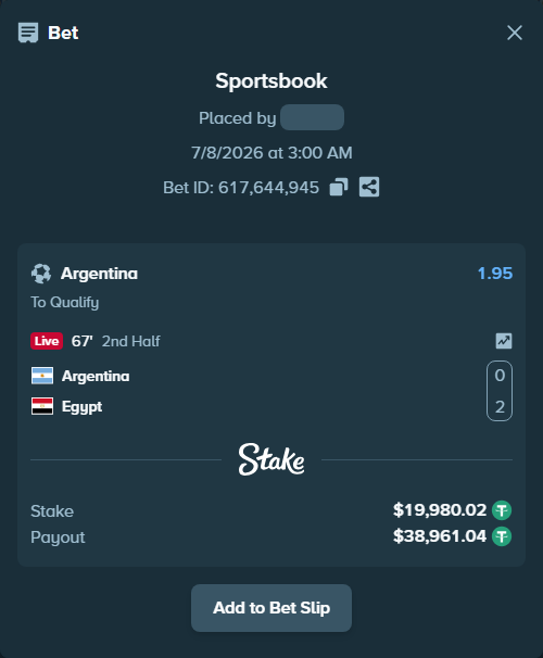 Bet slip: Argentina - Egypt, $20,000.00 stake at 1.95 odds, placed by ArdianHertica